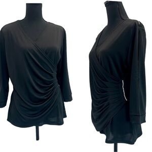 Nwd New Woman Design black rhinestone faux wrap ruched blouse Sz L